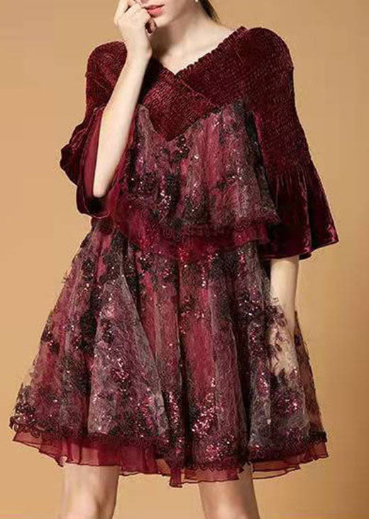 Mulberry Sequins Tulle Embroideried Velour Mini Dress Winter