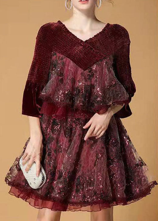 Mulberry Sequins Tulle Embroideried Velour Mini Dress Winter