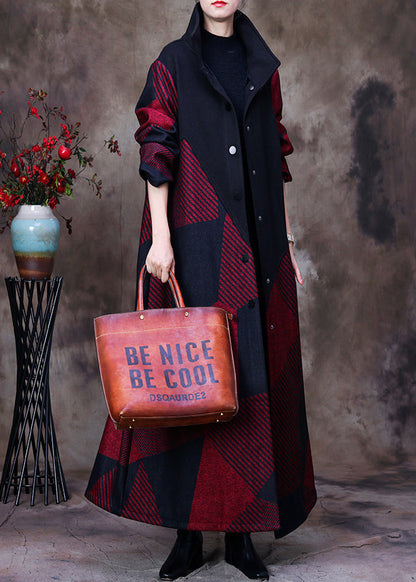 Mulberry Stand Collar Asymmetrical Patchwork Button Woolen Maxi Coat Long Sleeve