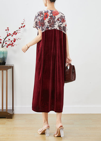 Mulberry V Neck Patchwork Silk Velour Party Dress Short Sleeve