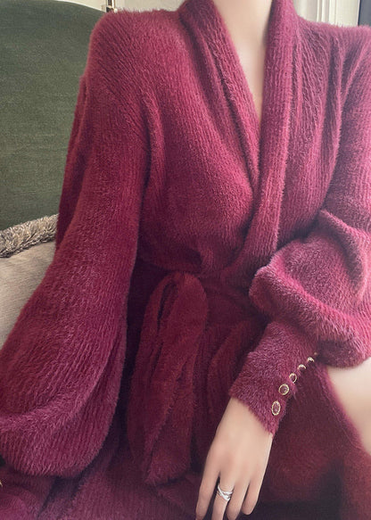 Mulberry V Neck Tie Waist Velour Maxi Dresses Long Sleeve