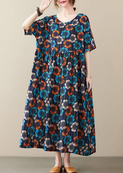 Multi O Neck Print Cotton Long Dress Short Sleeve
