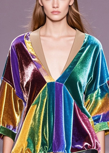 Multicolour V Neck Patchwork Silk Velour Blouse Tops Spring