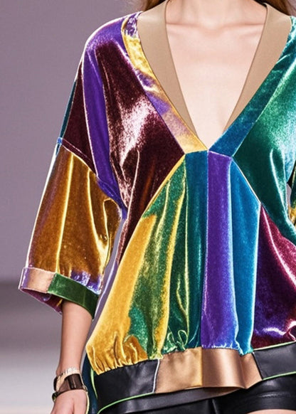 Multicolour V Neck Patchwork Silk Velour Blouse Tops Spring