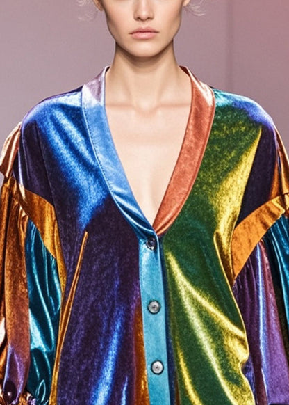 Multicolour V Neck Patchwork Silk Velvet Coats Spring