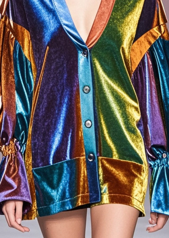 Multicolour V Neck Patchwork Silk Velvet Coats Spring