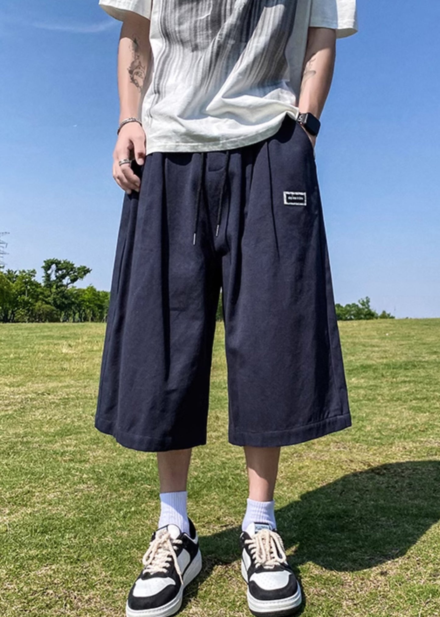 Nave Blue Elastic Waist Tie Waist Ice Silk Pants Summer