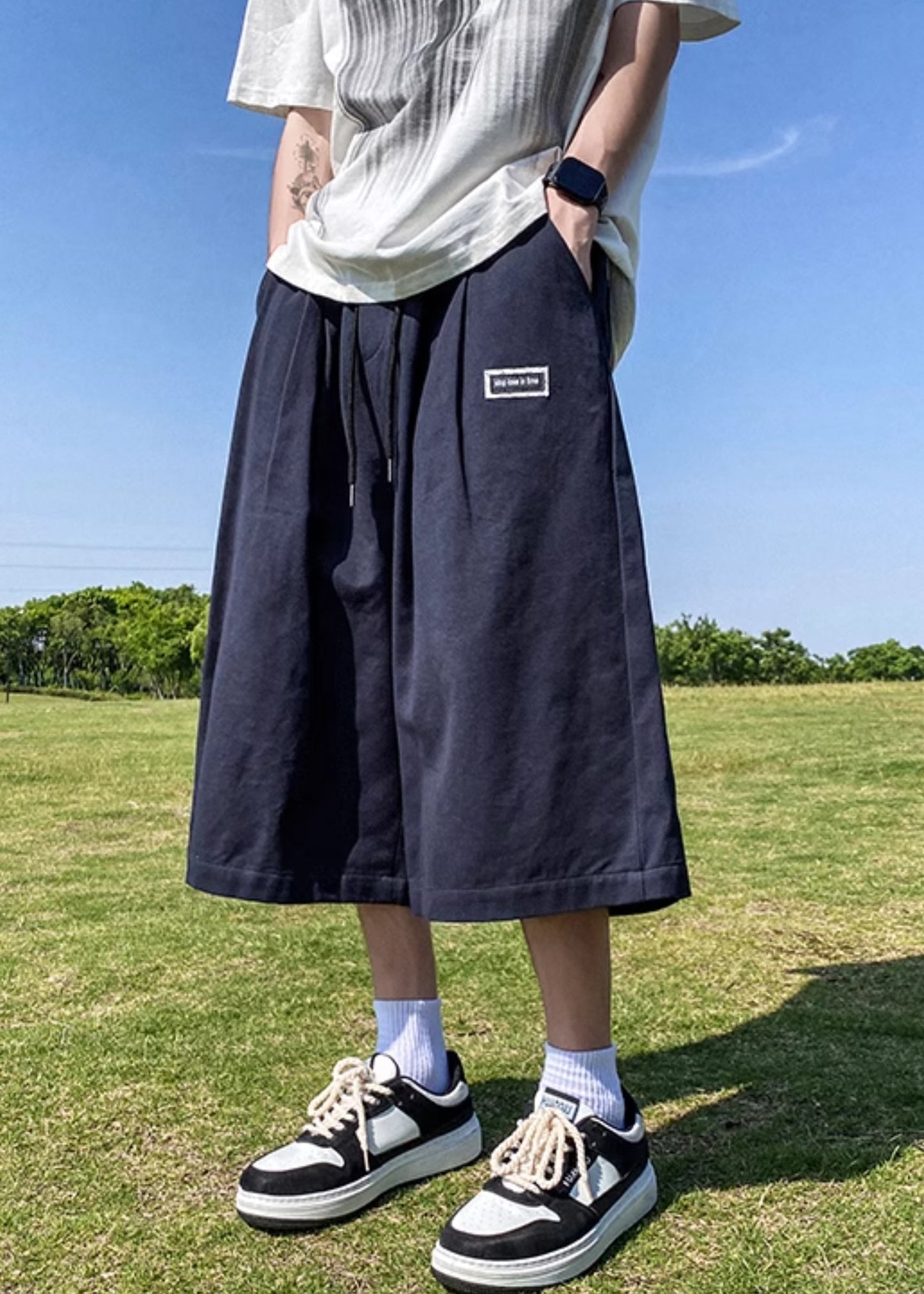 Nave Blue Elastic Waist Tie Waist Ice Silk Pants Summer