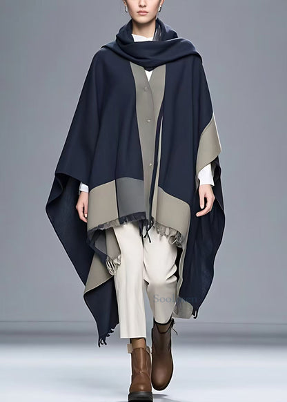Navy Asymmetrical Button Patchwork Cape Coat Fall