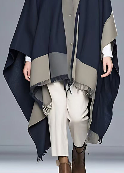 Navy Asymmetrical Button Patchwork Cape Coat Fall