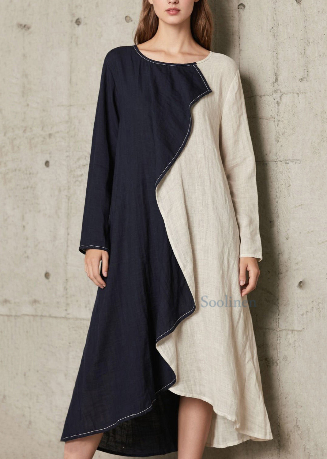 Navy Asymmetrical Patchwork Cotton a Line Dress Spring