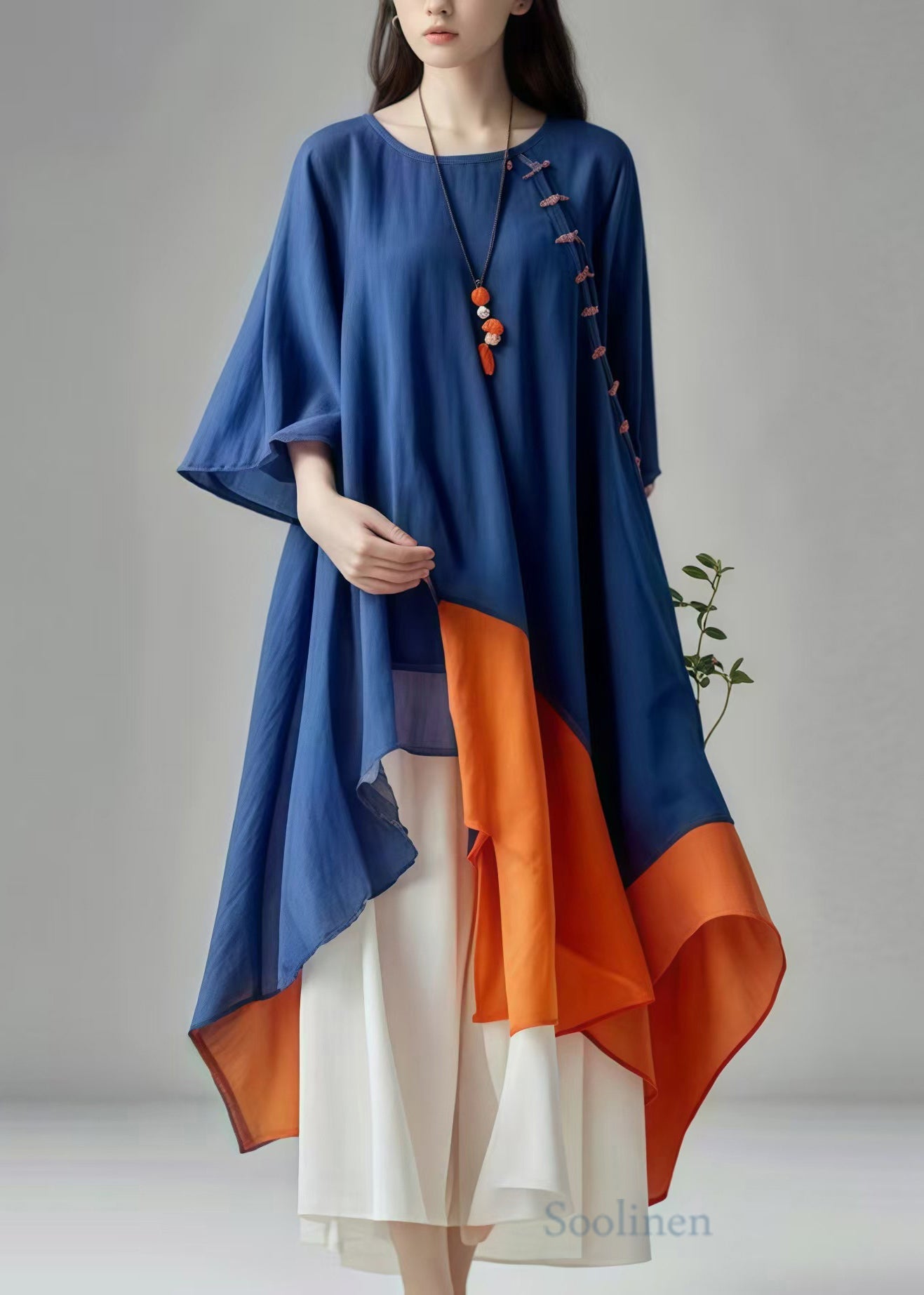 Navy Asymmetrical Patchwork Cotton Dress Summer