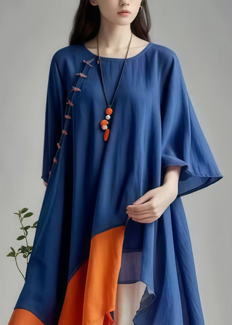 Navy Asymmetrical Patchwork Cotton Dress Summer