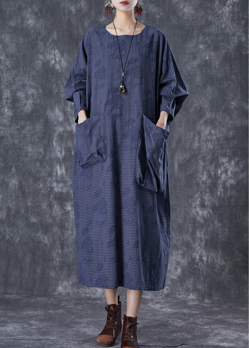 Navy Asymmetrical Pockets Striped Linen Gown Dresses Fall