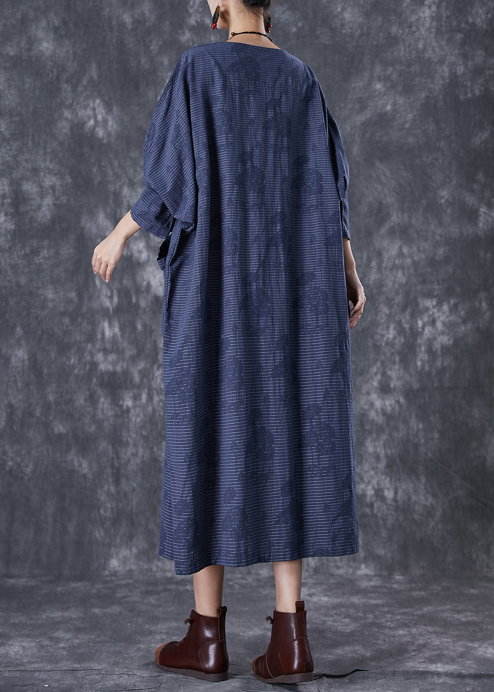 Navy Asymmetrical Pockets Striped Linen Gown Dresses Fall