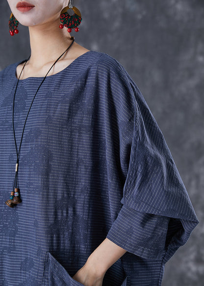 Navy Asymmetrical Pockets Striped Linen Gown Dresses Fall