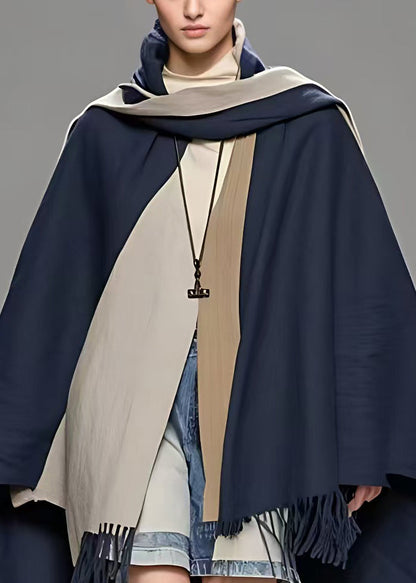 Navy Asymmetrical Tasseled Cotton Coat Fall
