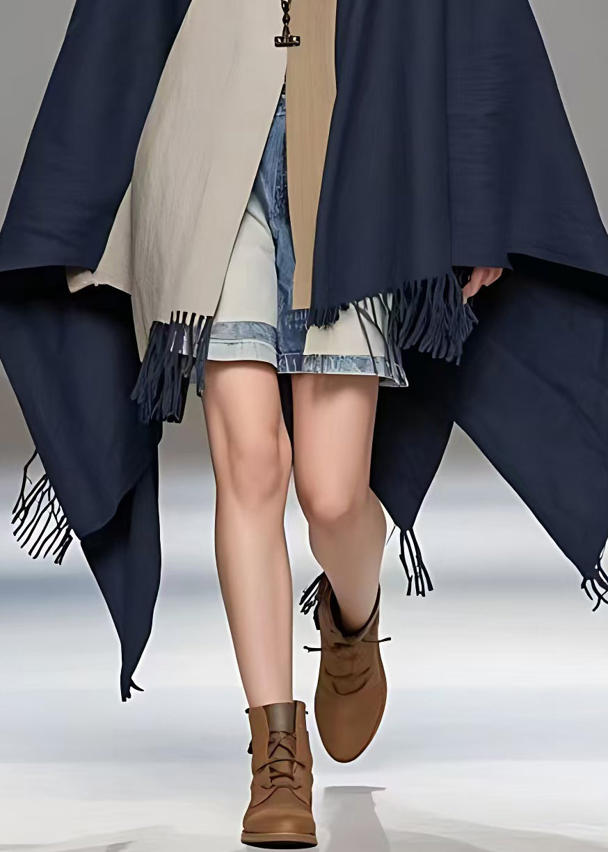 Navy Asymmetrical Tasseled Cotton Coat Fall