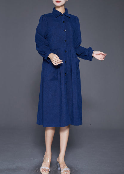 Navy Button Down Pockets Corduroy Dress Fall