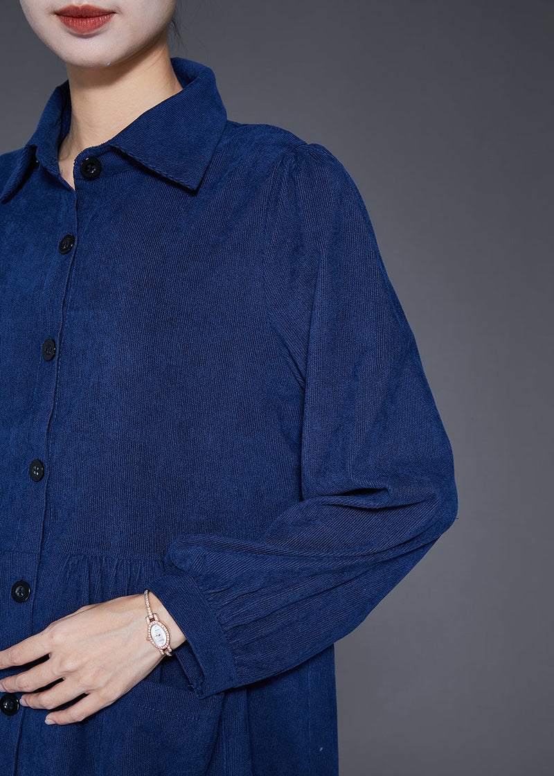 Navy Button Down Pockets Corduroy Dress Fall