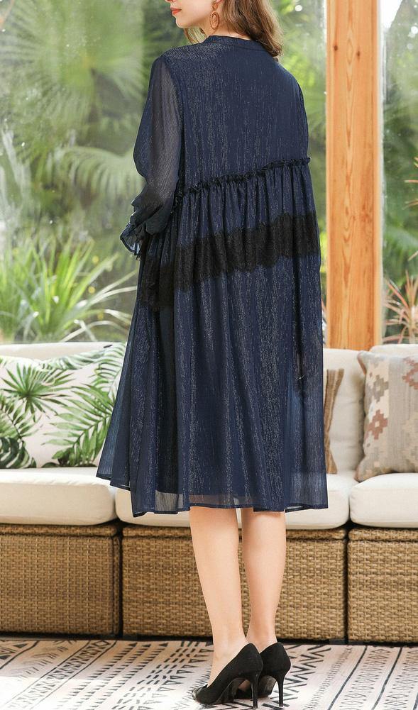 Navy Cinched Chiffon O-neck Summer Maxi Dress