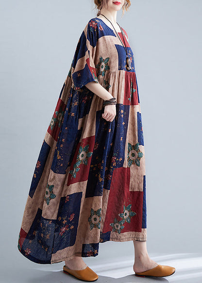 Navy Cinched O-neck Print Dresses Half Sleeve