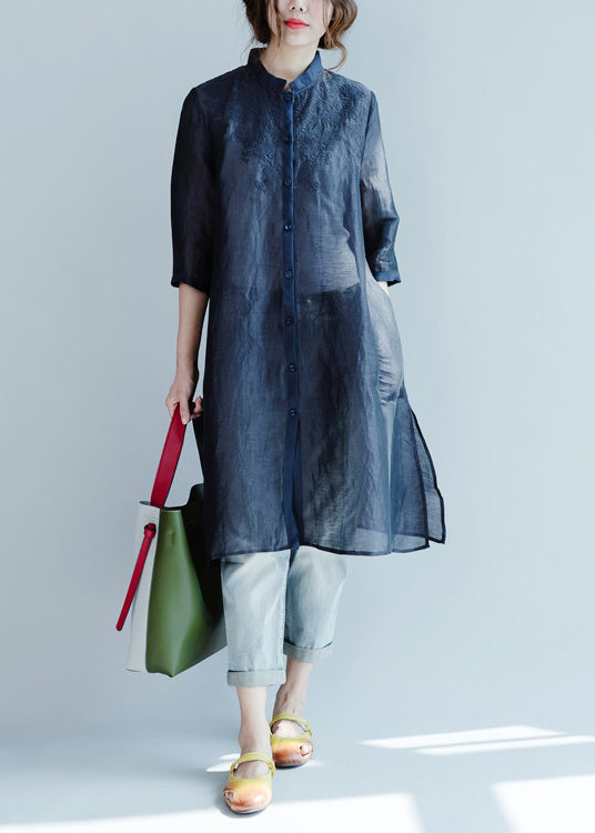 Navy Embroideried Button Blouses Three Quarter Sleeve