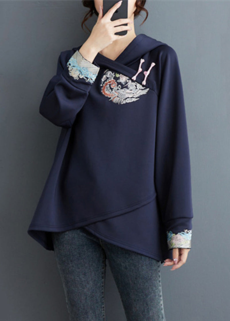 Navy Embroidered Patchwork Cotton Sweatshirt Tops Spring