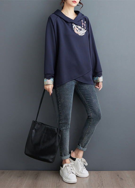Navy Embroidered Patchwork Cotton Sweatshirt Tops Spring