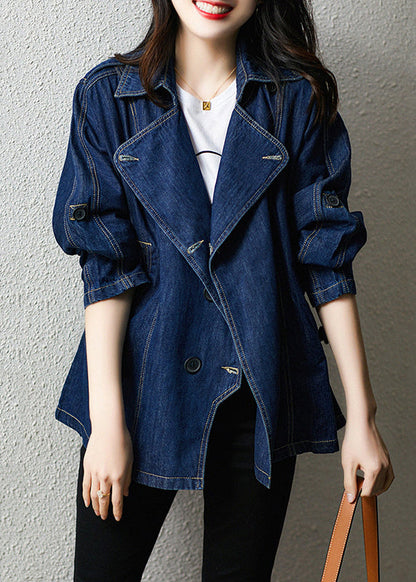 Navy Notched Button Patchwork Denim Coats Fall