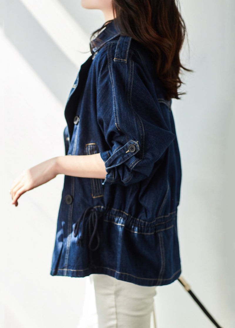 Navy Notched Button Patchwork Denim Coats Fall