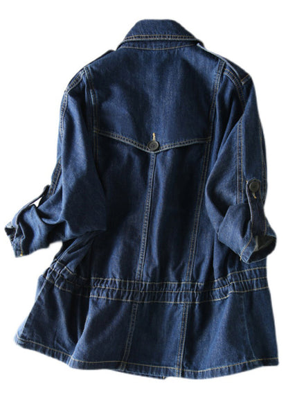 Navy Notched Button Patchwork Denim Coats Fall