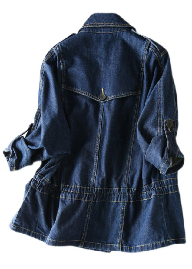 Navy Notched Button Patchwork Denim Coats Fall