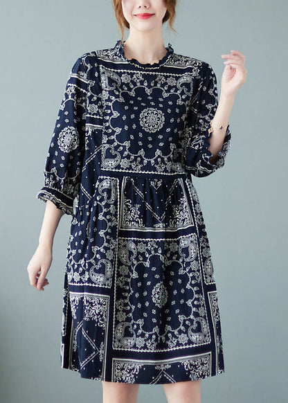 Navy O-neck Patchwork Print Fall Dress Half Sleeve