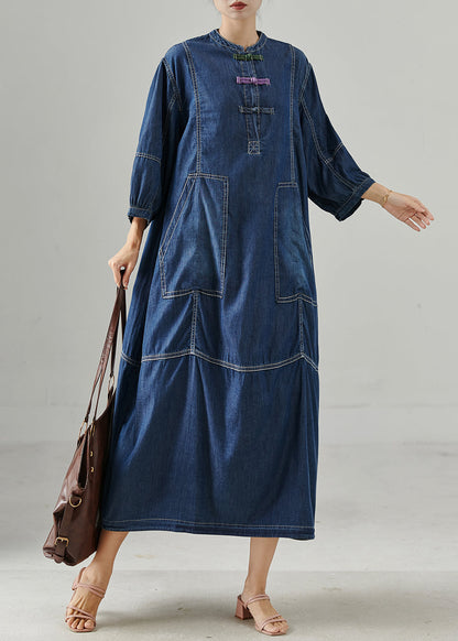 Navy Oversized Chinese Button Denim Dress Bracelet Sleeve