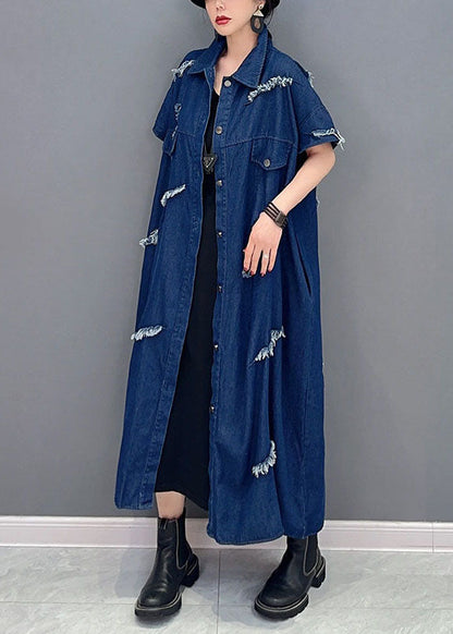 Navy Oversized Cotton Ripped Denim Coat Outwear Short Sleeve