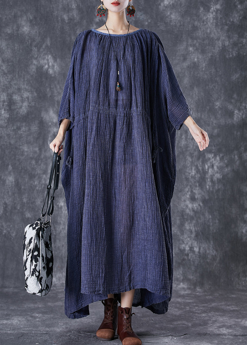 Navy Oversized Drawstring Linen Long Smock Dresses Fall