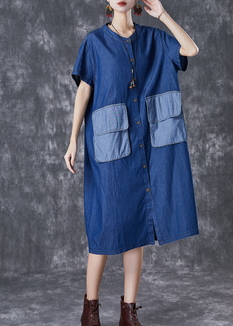 Navy Oversized Patchwork Pockets Denim Maxi Dresses Summer