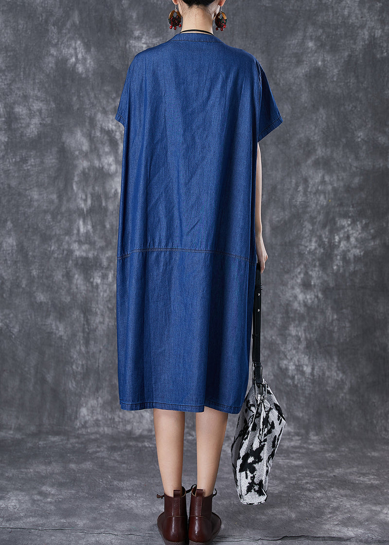 Navy Oversized Patchwork Pockets Denim Maxi Dresses Summer