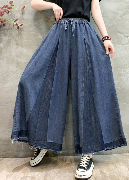 Navy Oversized Wrinkled Denim Wide Leg Pants Summer