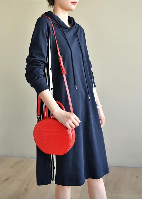 Navy Patchwork Cotton Hooded Dresses