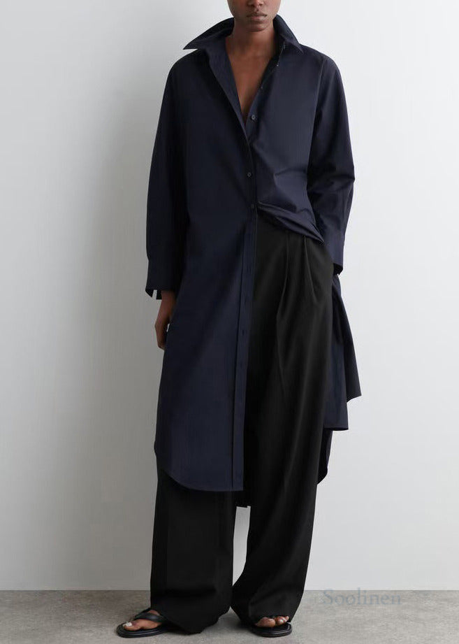 Navy Peter Pan Collar Cotton Long Shitrs Tunic Dress Spring