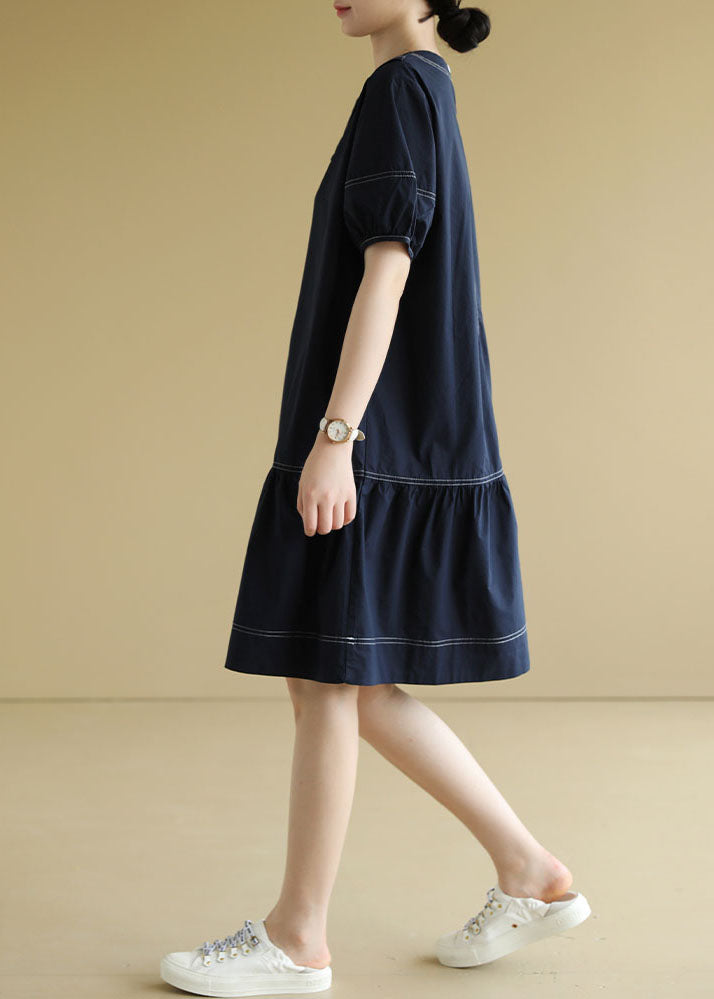 Navy Peter Pan Collar Patchwork Cotton Mid Dress Short Sleeve
