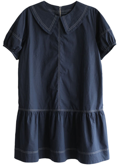 Navy Peter Pan Collar Patchwork Cotton Mid Dress Short Sleeve