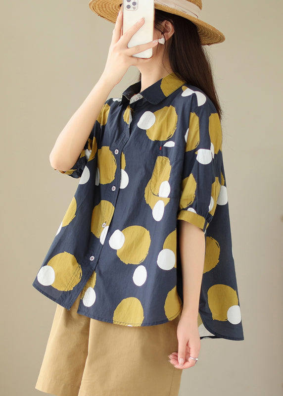 Yellow Sunflower Peter Pan Collar Print Cotton Shirt Tops Summer