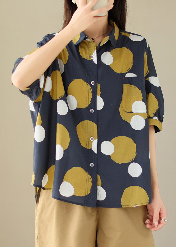 Navy Peter Pan Collar Print Cotton Shirt Tops Summer