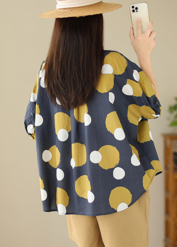 Black Abstract Peter Pan Collar Print Cotton Shirt Tops Summer