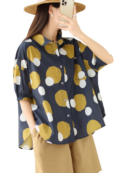 Yellow Sunflower Peter Pan Collar Print Cotton Shirt Tops Summer