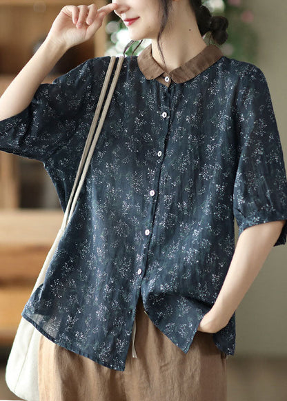 Navy Peter Pan Collar Print Linen Shirts Half Sleeve