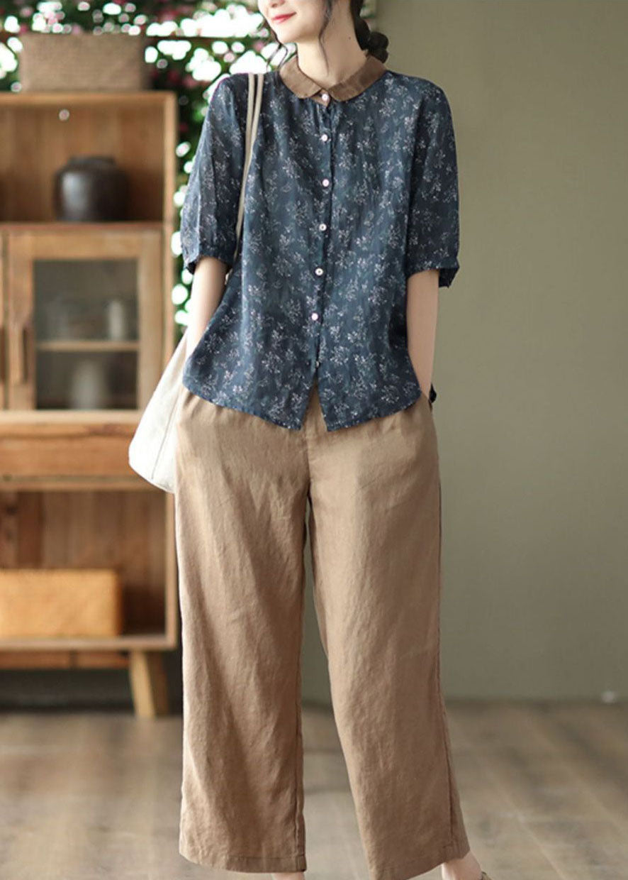 Navy Peter Pan Collar Print Linen Shirts Half Sleeve